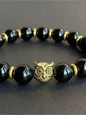 Gold Owl Black Onyx Bead Stretch Bracelet - Women's Jewelry